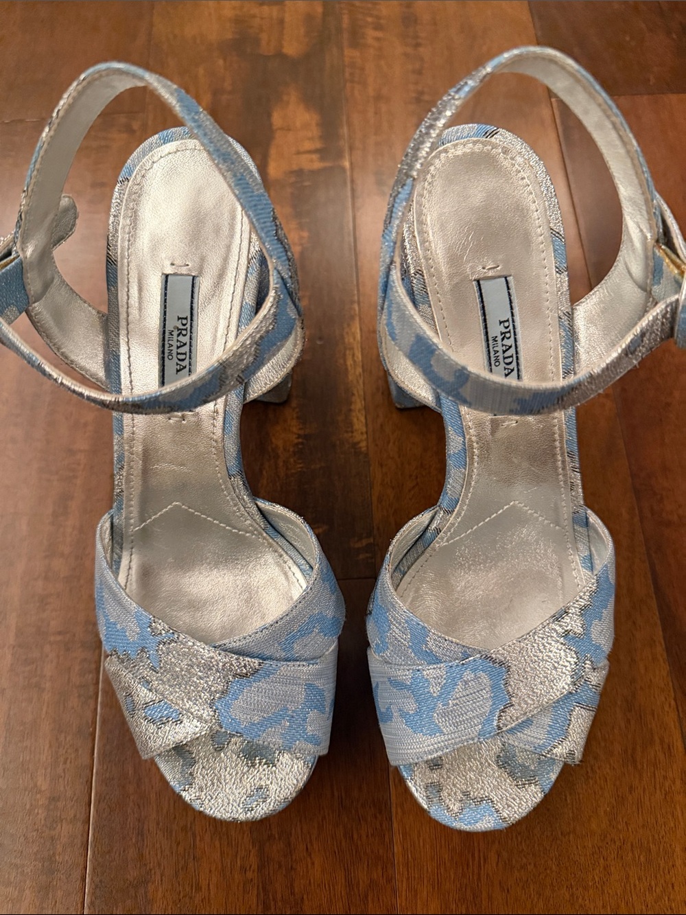 Prada Silver and Light Blue Brocade Block Heel Sandals